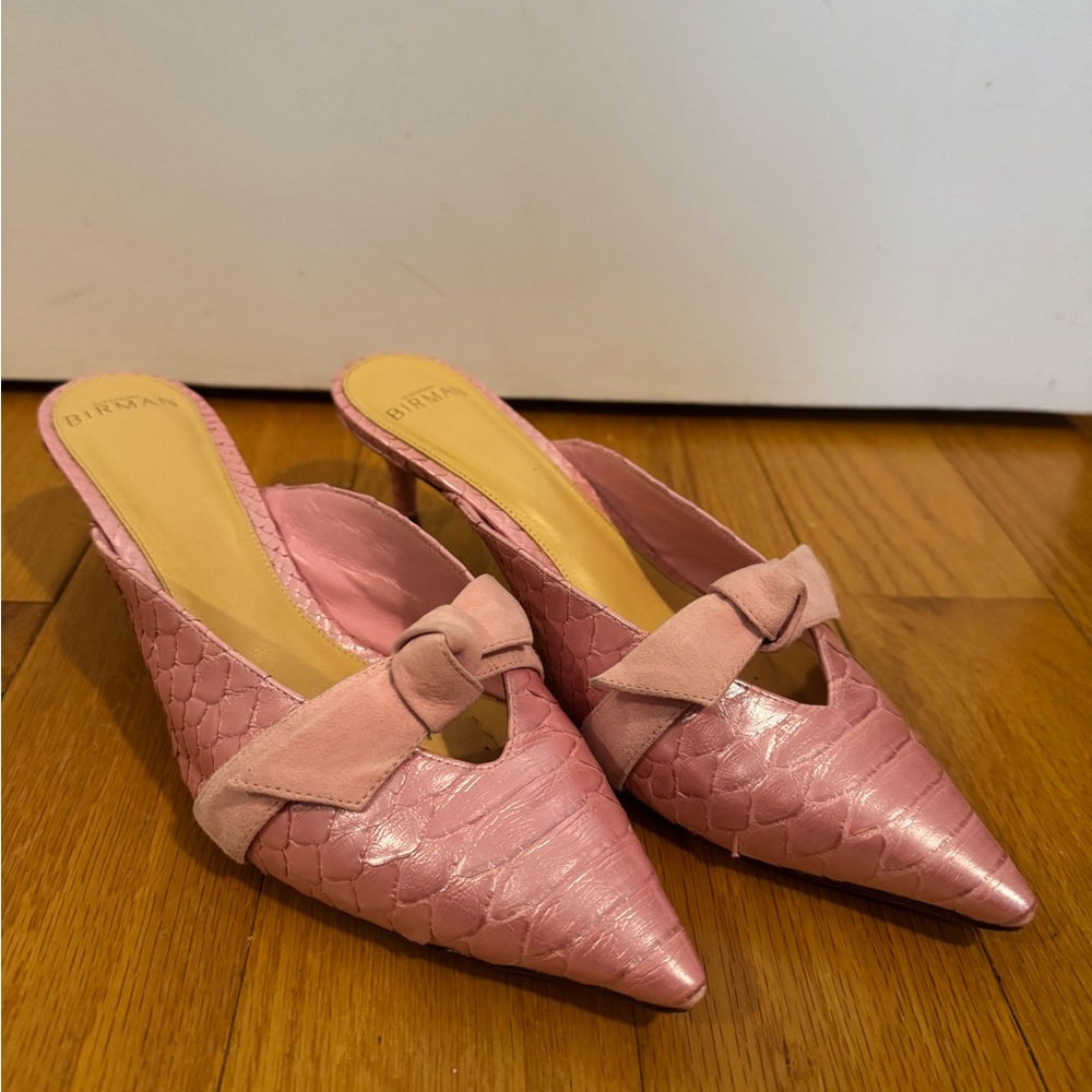 Alexandre Birman Pink Croc-Embossed Mules with Bow